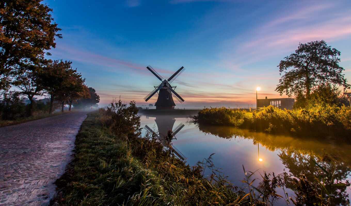 канал, нидерланды, ветер, утро, туман, mill, holland