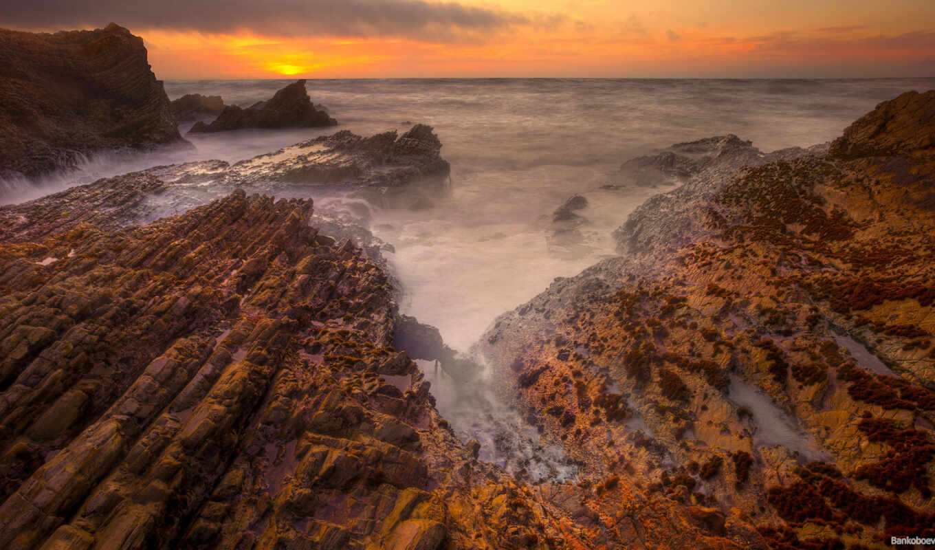 sunset, sea, coast, pin, fog, acute, free, rocks, sweet, fly
