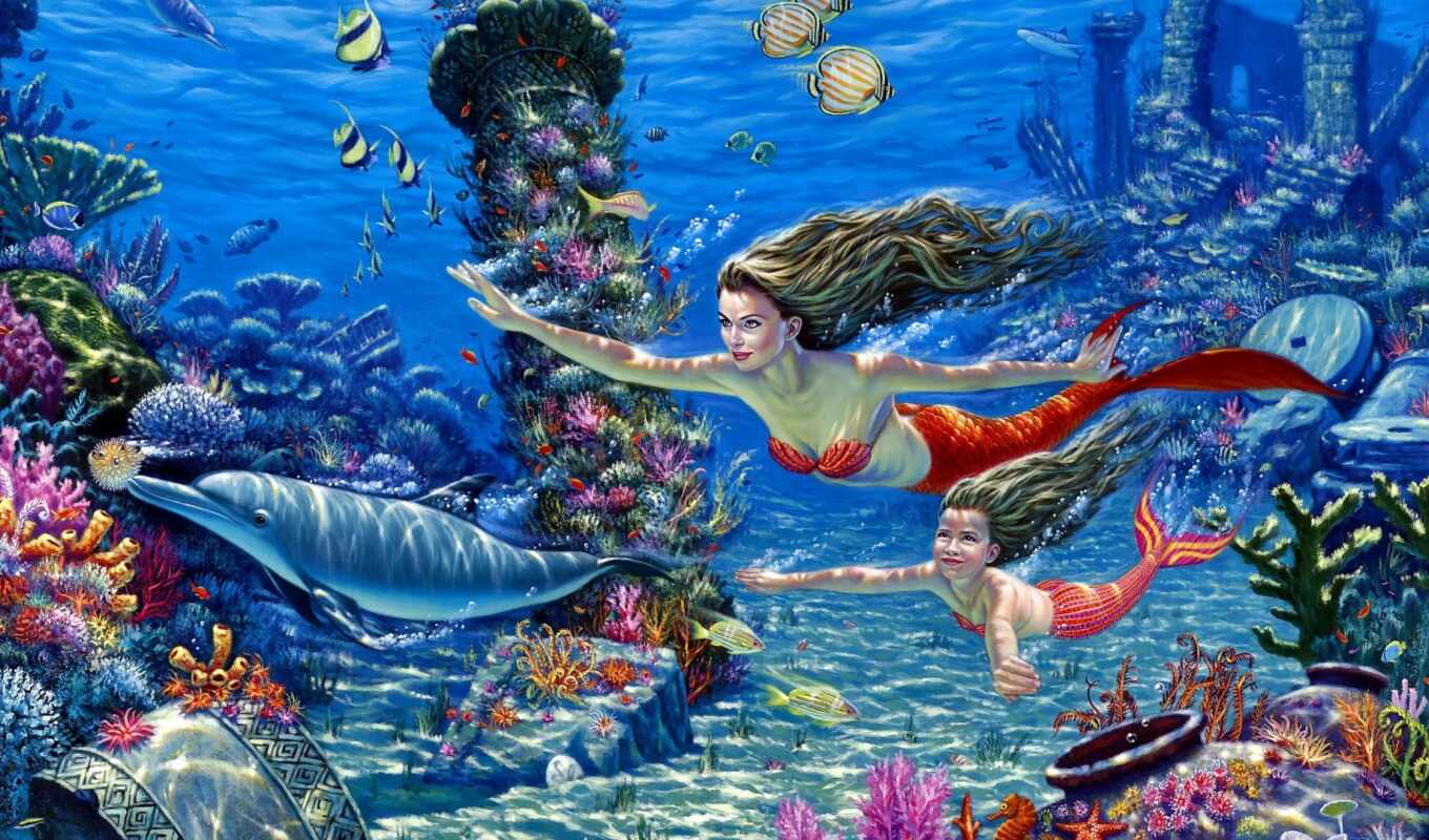 art, world, dolphins, corals, bottom, underwater, marine, pisces, russians