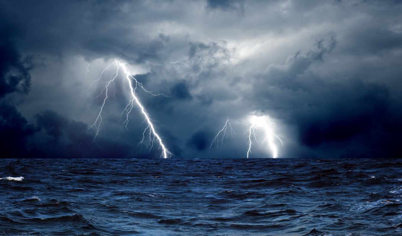природа, буря, water, море, ocean, lightning, молнии, oblaka, тучи