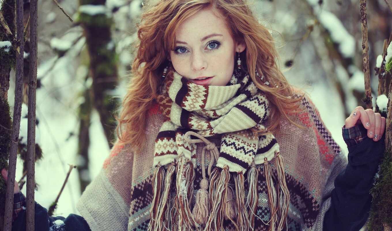 girl, winter, ginger, forest, devushki, scarf, blue eyes, scarf
