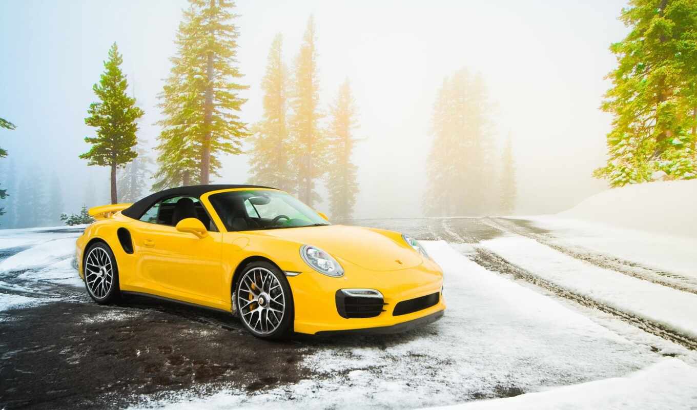snow, winter, auto, car, turbo, Porsche, yellow, expensive, stand