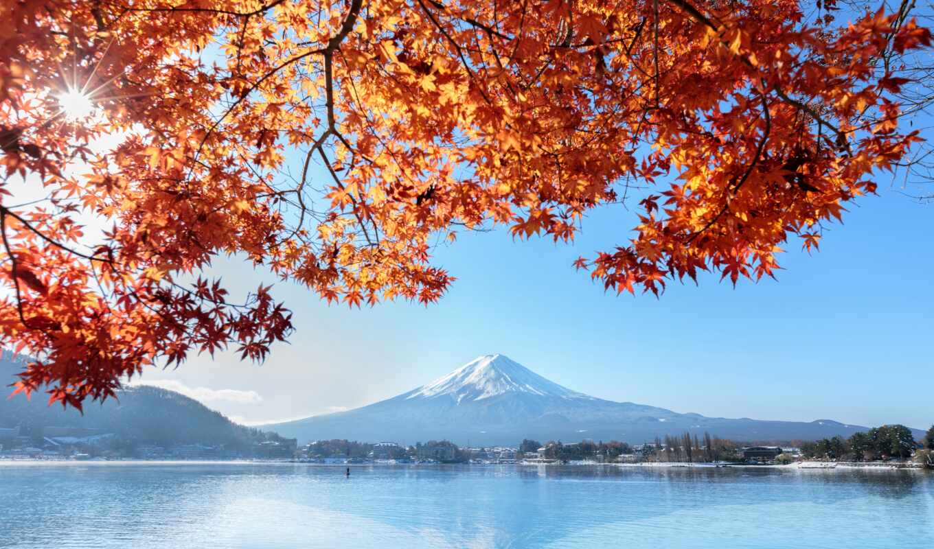 озеро, небо, лист, гора, japanese, осень, maple, natural, narrow, fudz