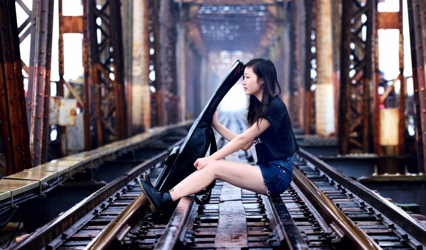девушка, гитара, мост, railroad