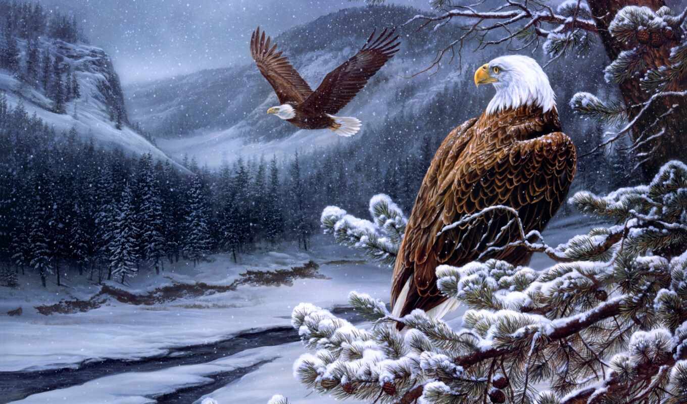 орлан, лысый, живопись, река, eagles, winter, art, paintings, wild, дух, плакат, 