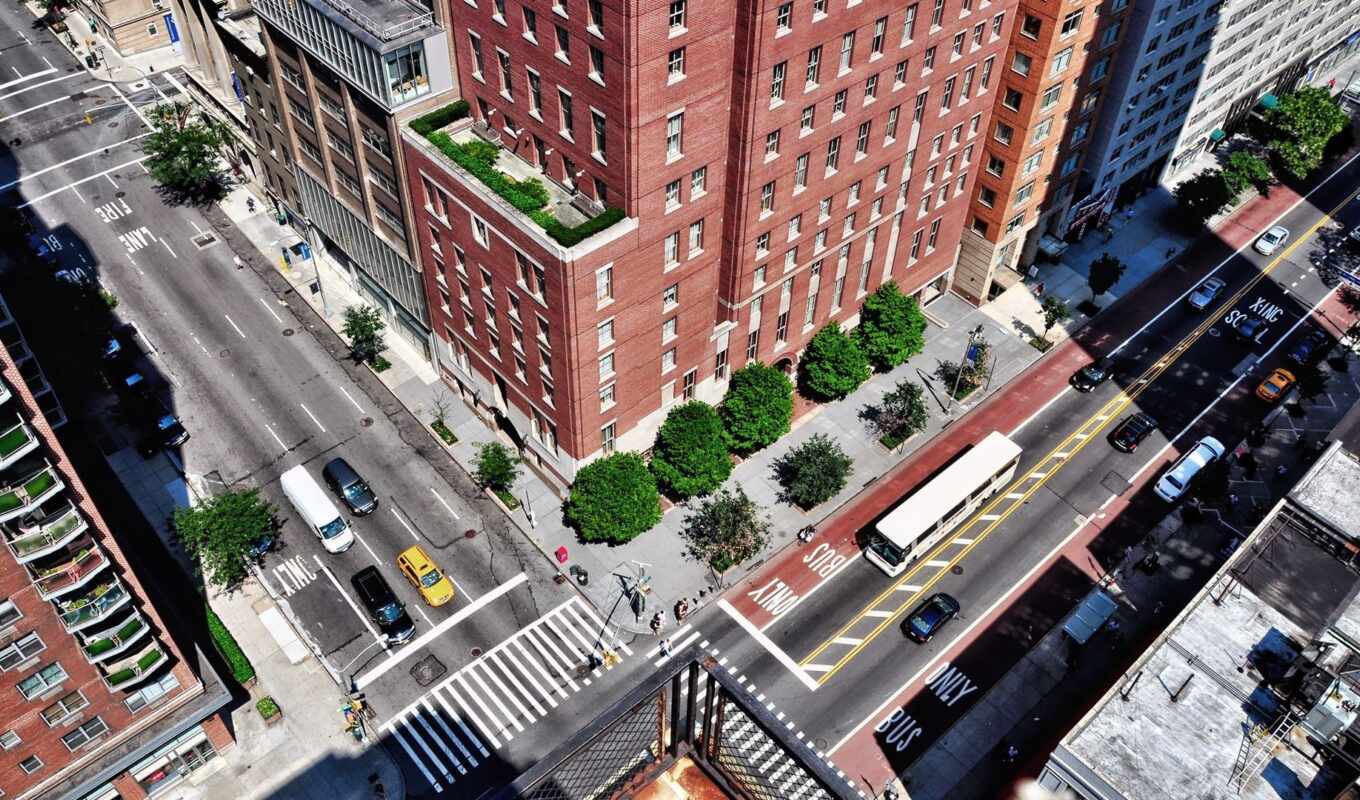 view, house, tree, street, road, cityscape, balcony, top, build, skyscraper, intersection