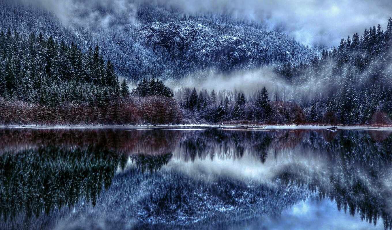 lake, nature, winter, forest, mountain, fog