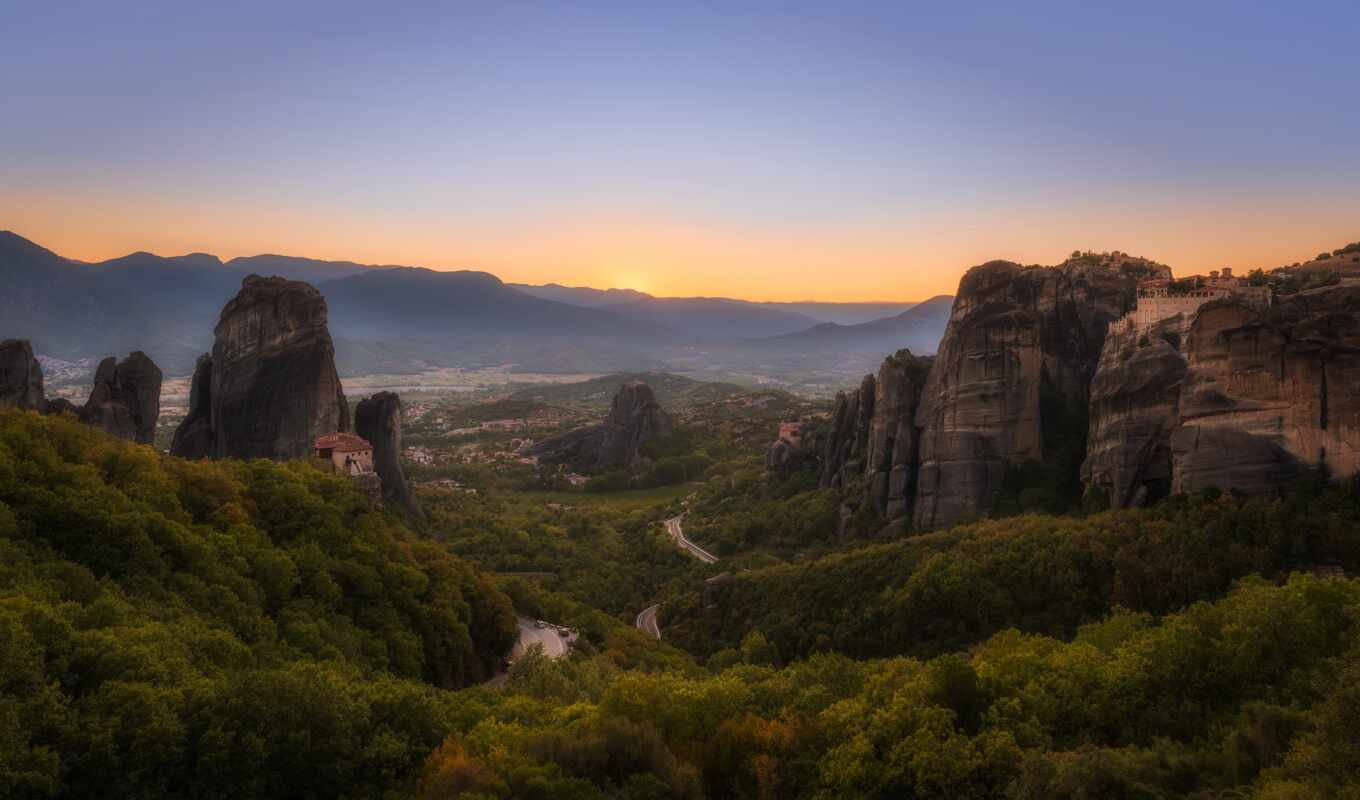 photo, sunset, mountain, rock, landscape, the monastery, greece, meteora