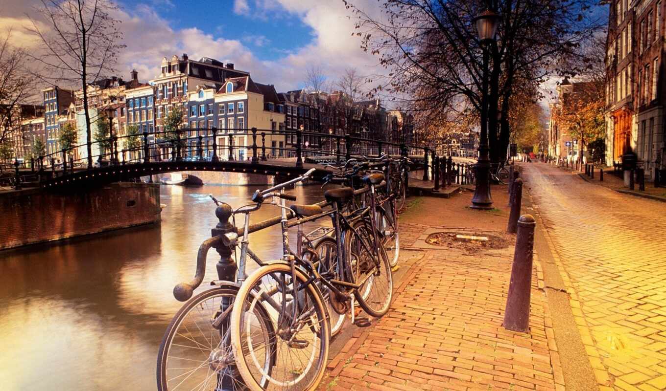 город, amsterdam, нидерланды, canal, место, велосипед
