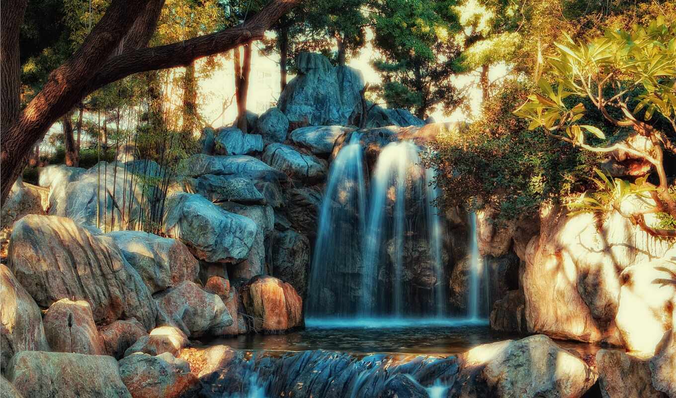 park, hdr, water, tree, stones, waterfall