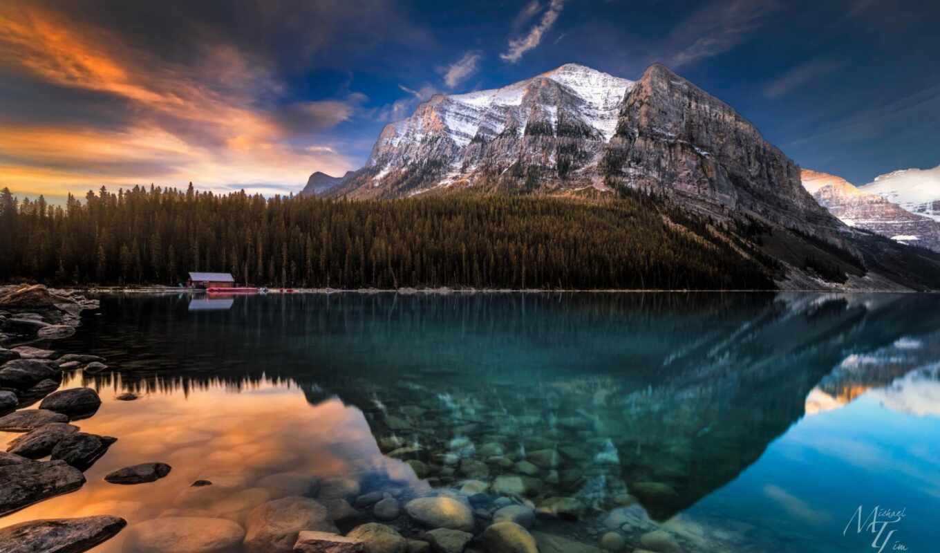 озеро, природа, рассвет, louise, канада, альберта, mountains