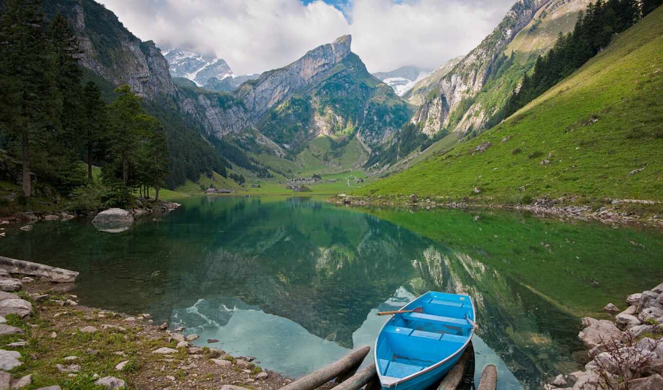 озеро, природа, пейзажи -, landscape, природы, лодка, скачивайте, камни, горы, фри
