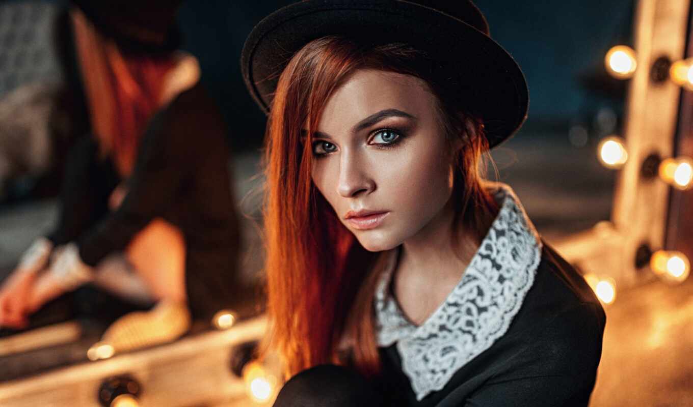 шляпа, георгий, black, blue, женщина, глаз, зеркало, глаза, portrait, redhead, одеть