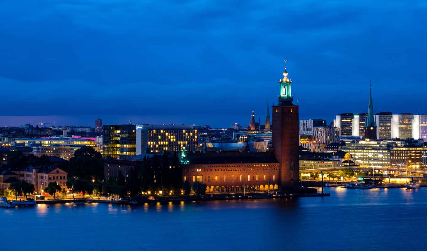 city, night, tower, sweden, stockholm