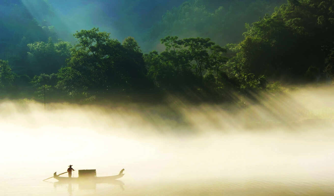 туман, река, дерево, лодка, свет, солнечный, ozero, фотообои, туман