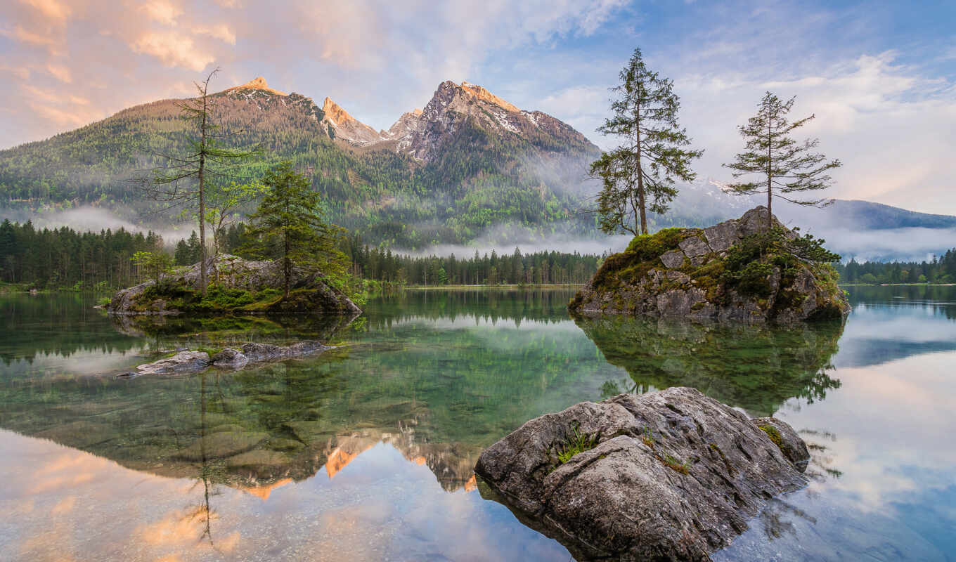 озеро, природа, дерево, гора, rock, германия, park, national, berchtesgaden, бавария, hintersee