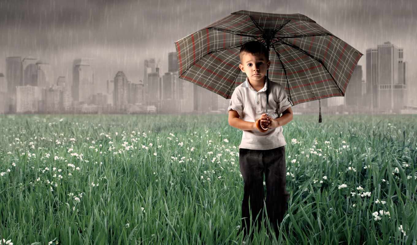 дождь, под, children, boy, зонтом, зонтиком