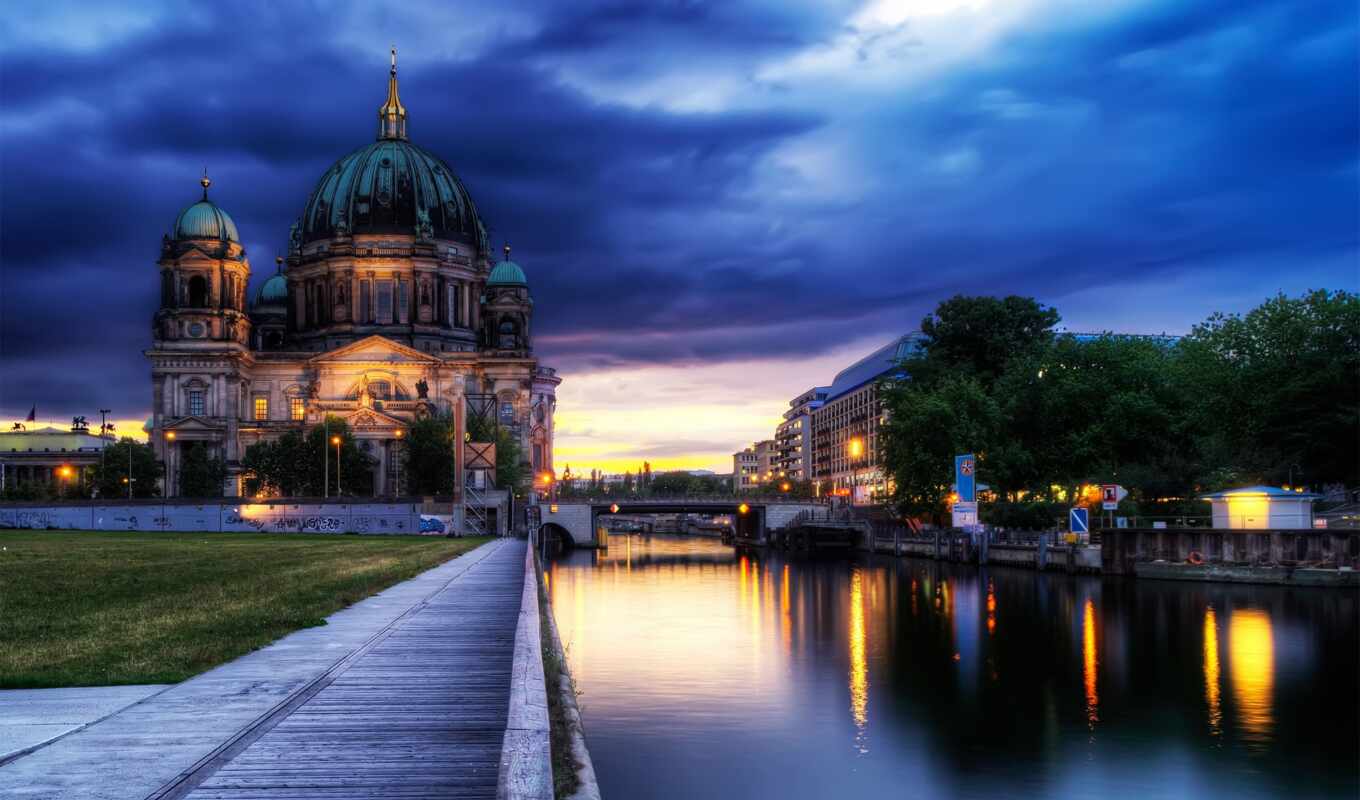 city, evening, Bridge, river, Berlin, cathedral, the Germans