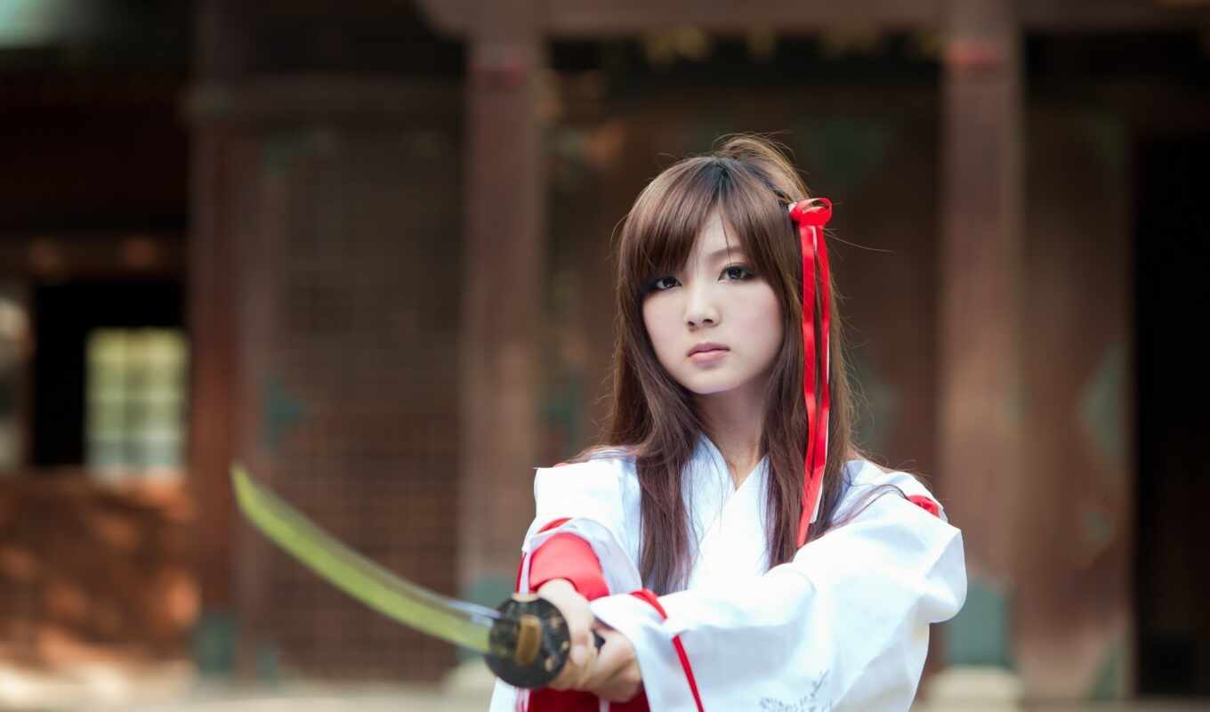 girl, samurai, sword, rolled