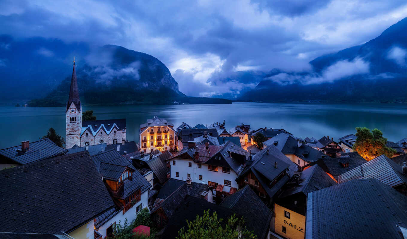 lake, nature, house, mountain, Austria, hallstatt, village, build, the alps, church, id