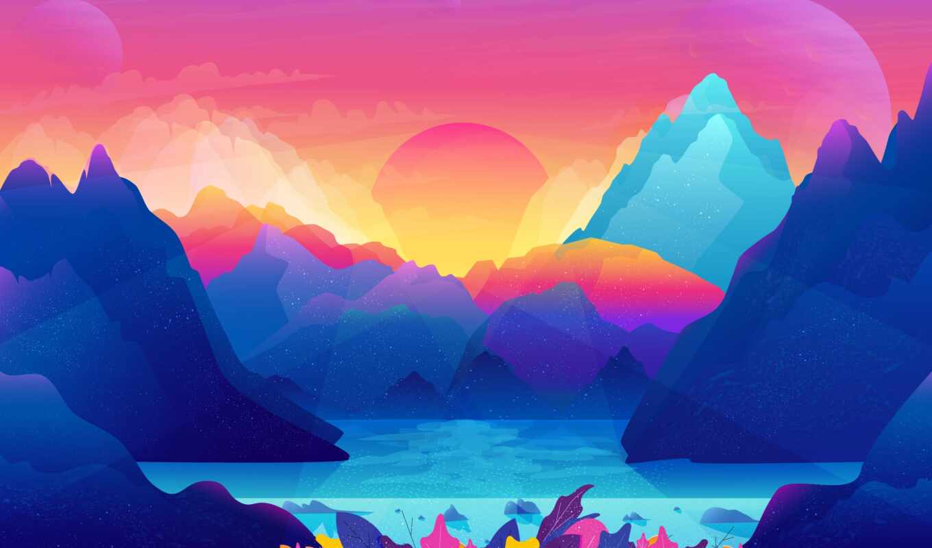 art, colorful, sun, gradient, mountain, illustration
