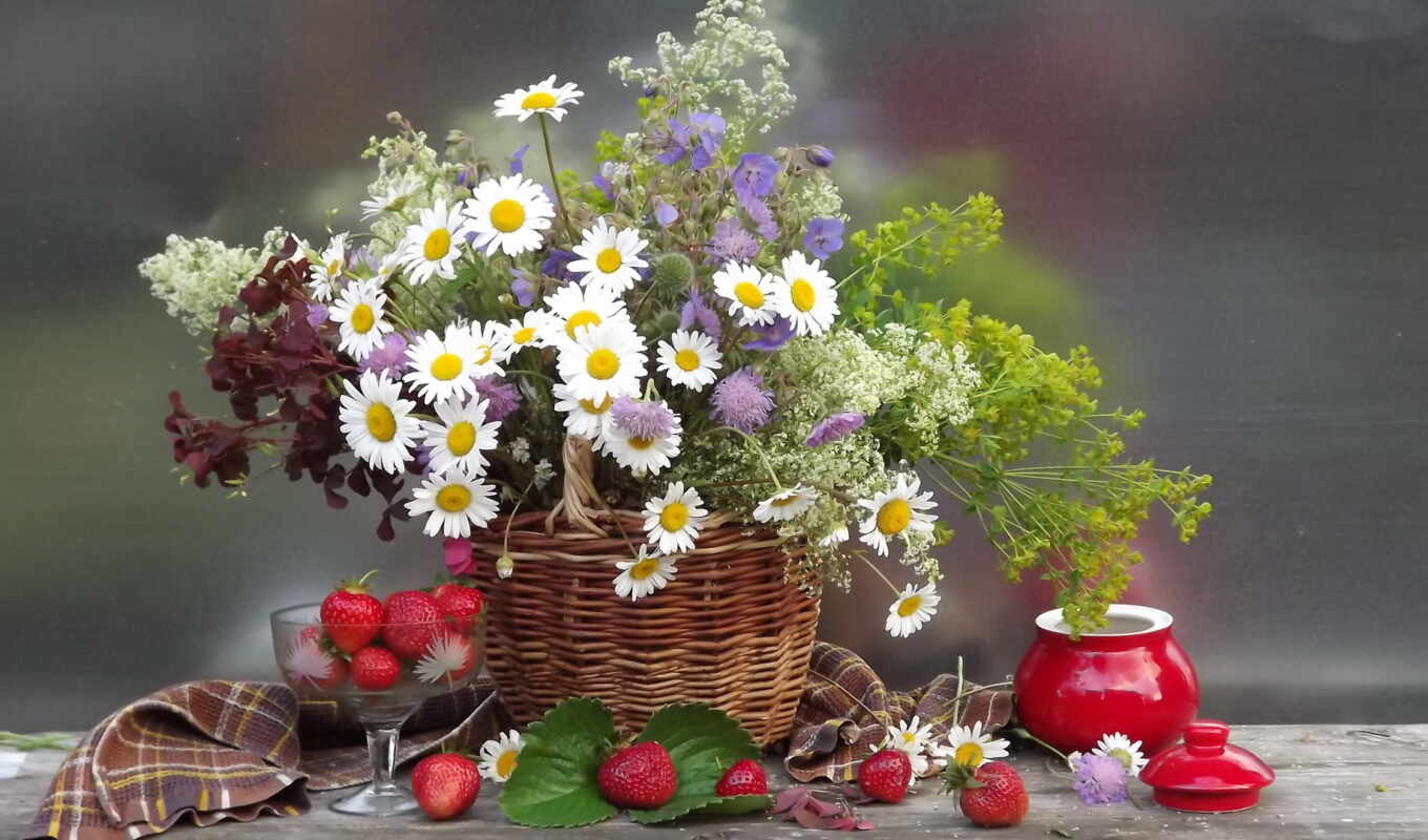 flowers, basket, strawberry