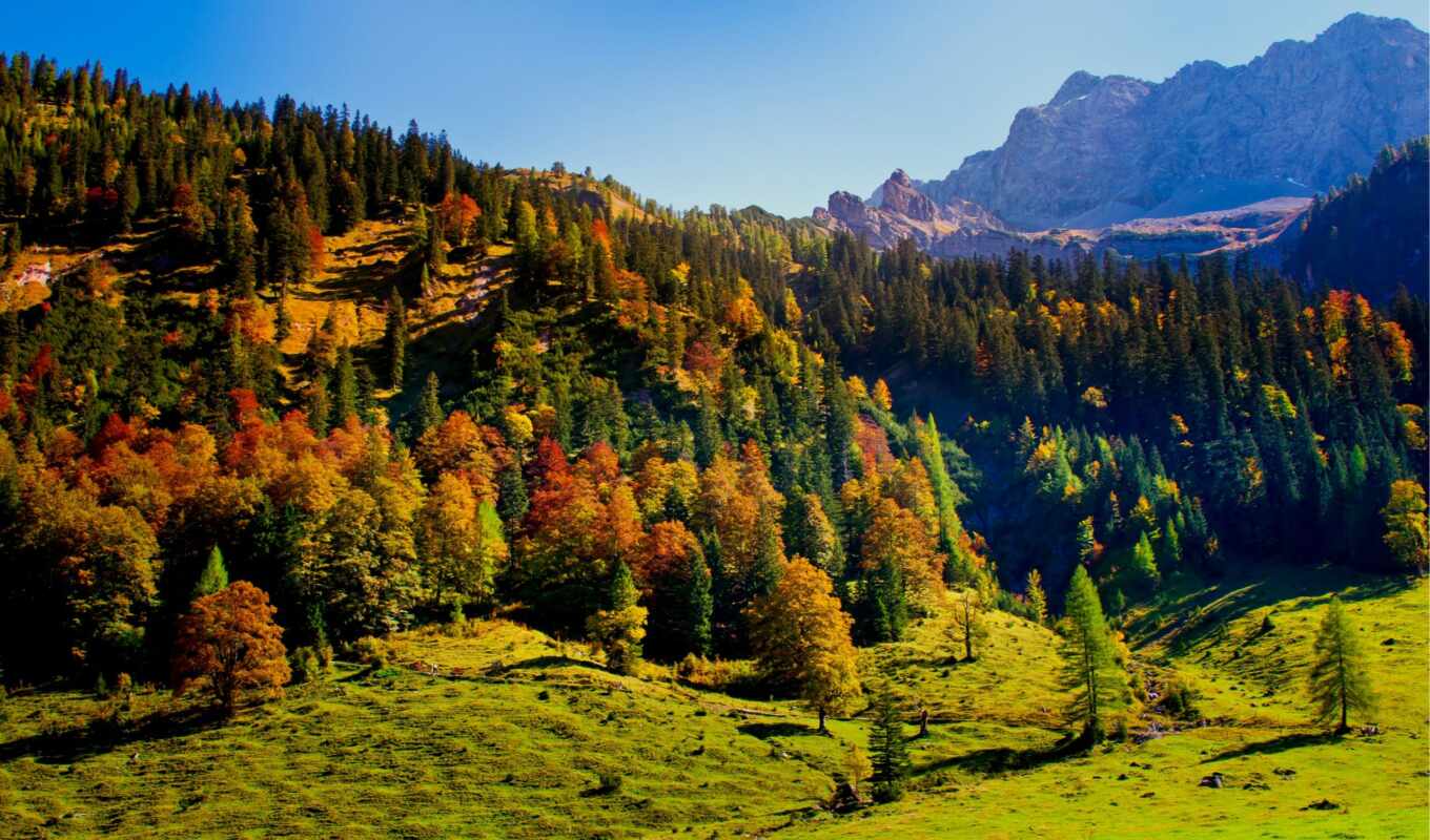 sky, autumn, trees, austrian, mountains, hills, tyrol, carvendel