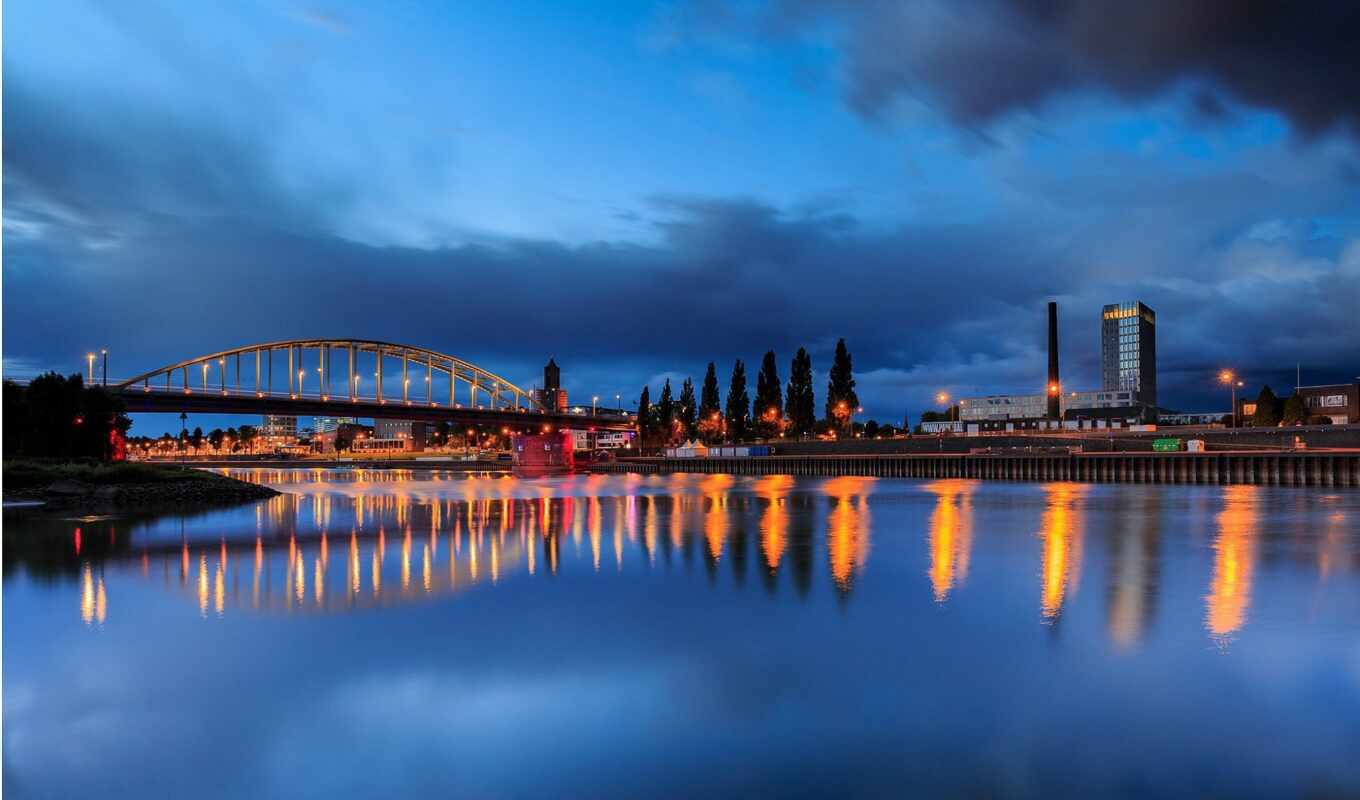 light, city, Bridge, lights, Netherlands, river, reflection, guelder
