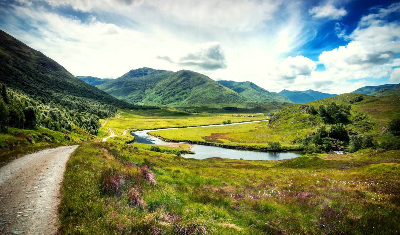 lake, nature, mountain, rock, road, landscape, Great Britain, cloud, Scotland