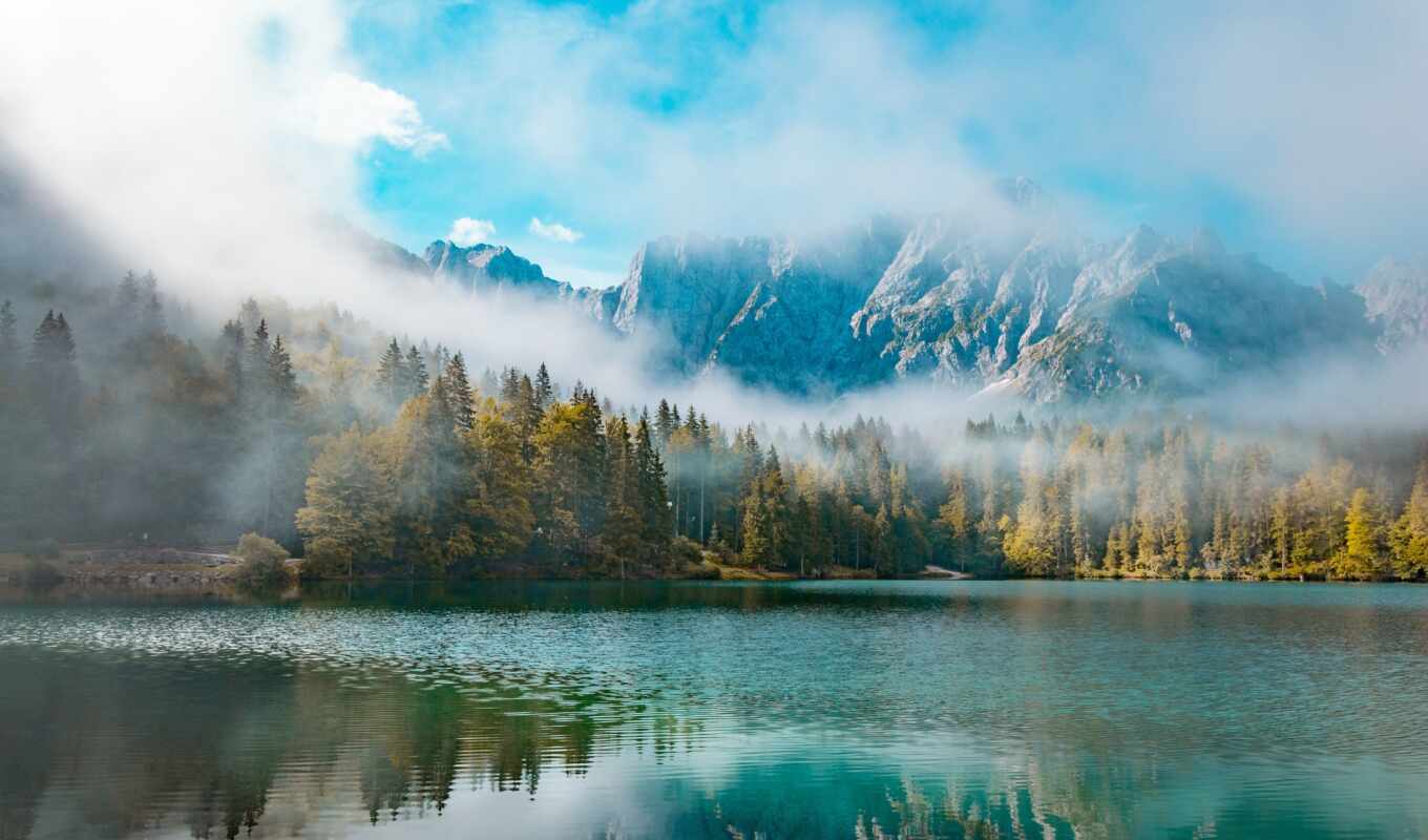 озеро, природа, лес, планшетный, туман, natural, фотообои