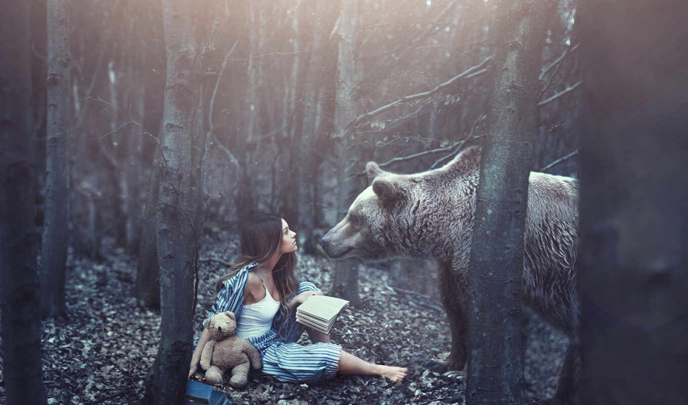 девушка, креатив, лес, медведь, книги, мишка