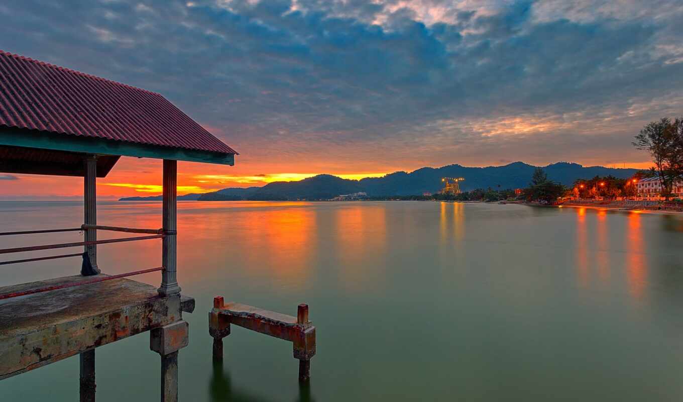 lake, house, background, sunset, pier, screen