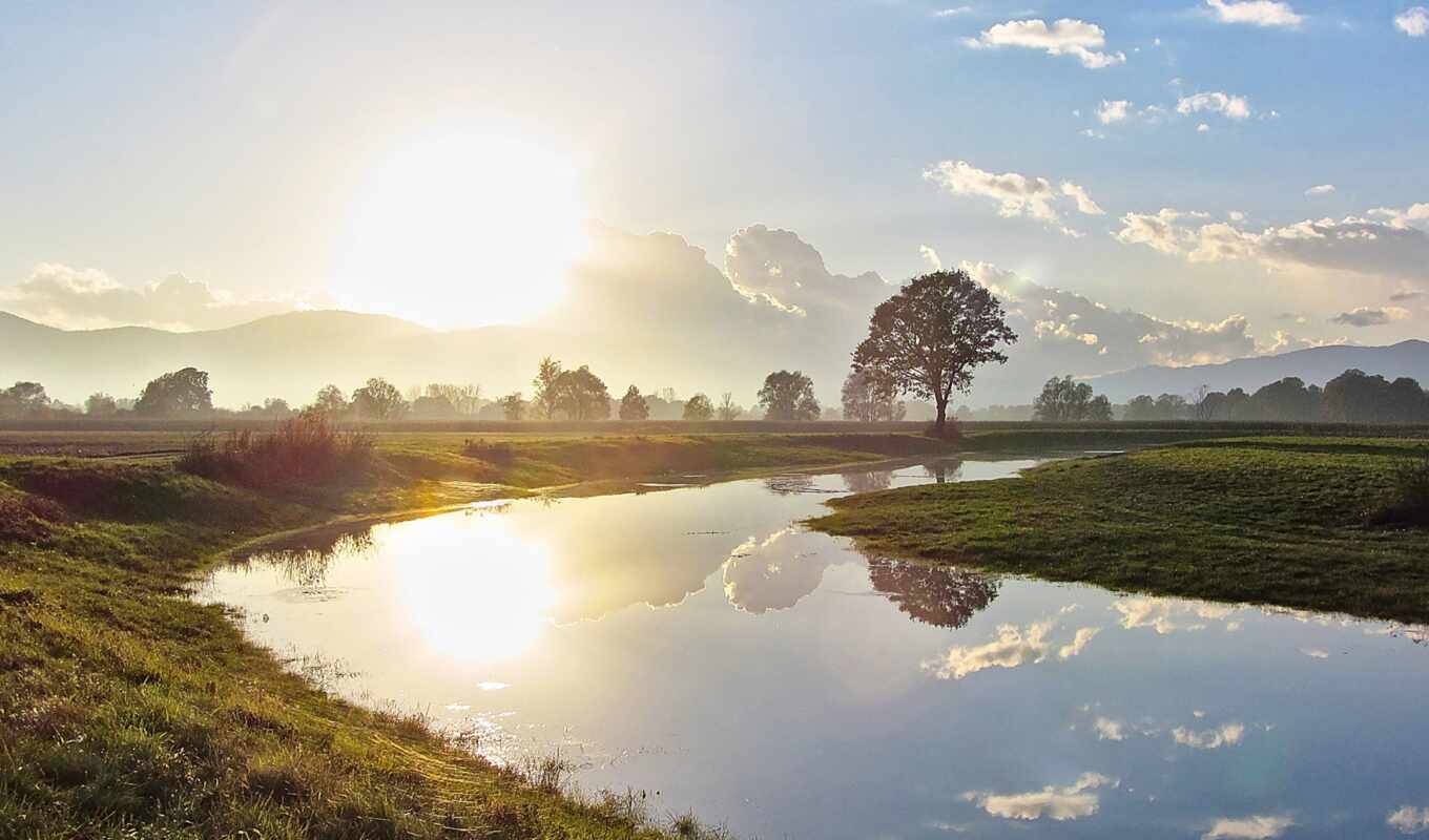 river, sunrise, reflection, reflection