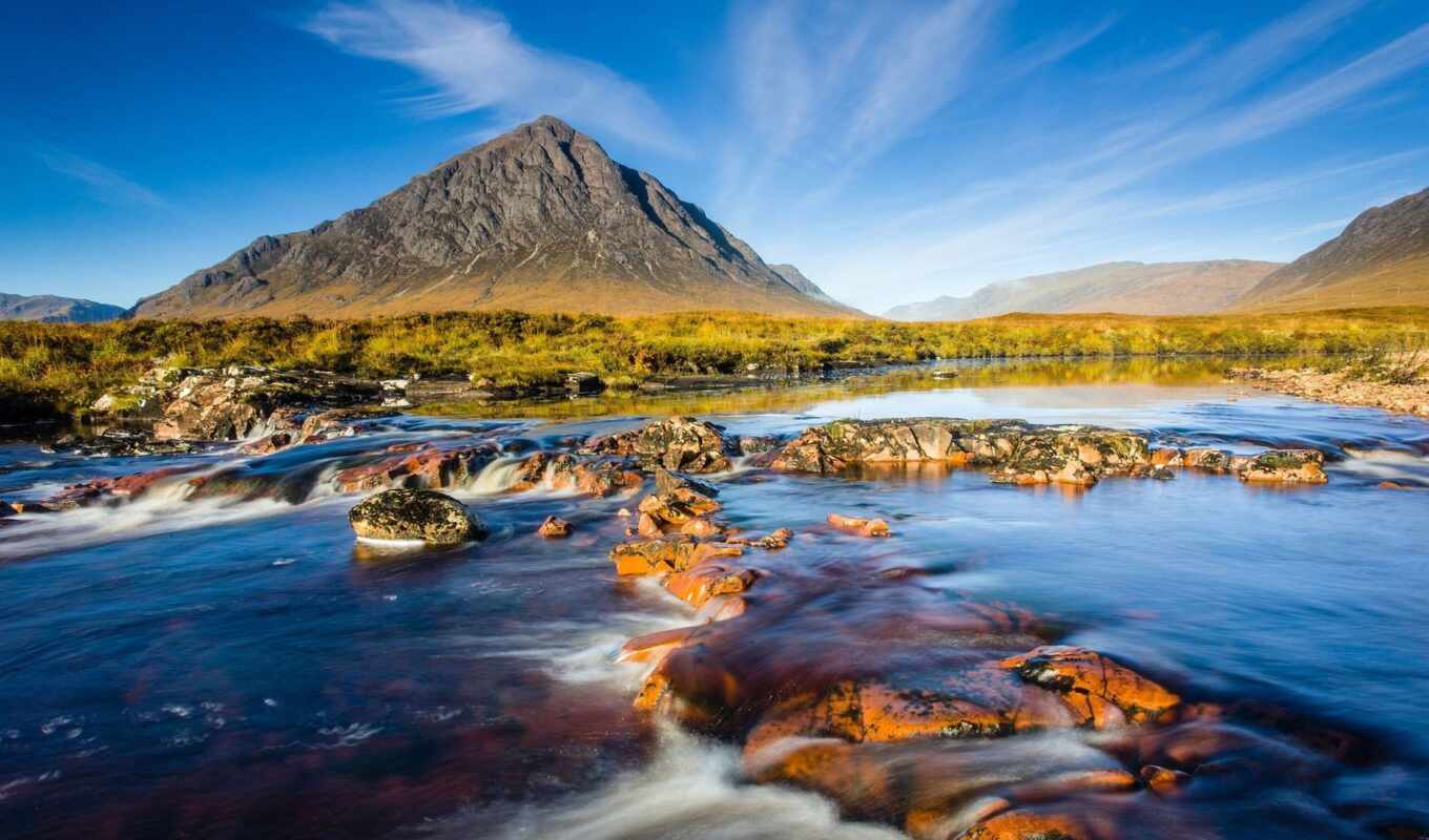 природа, небо, гора, landscape, красивый, река, шотландия, scotia