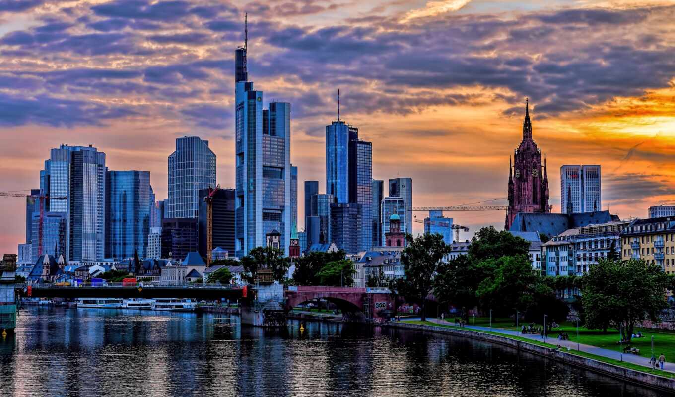 sky, night, Germany, Frankfurt, river, skyscraper