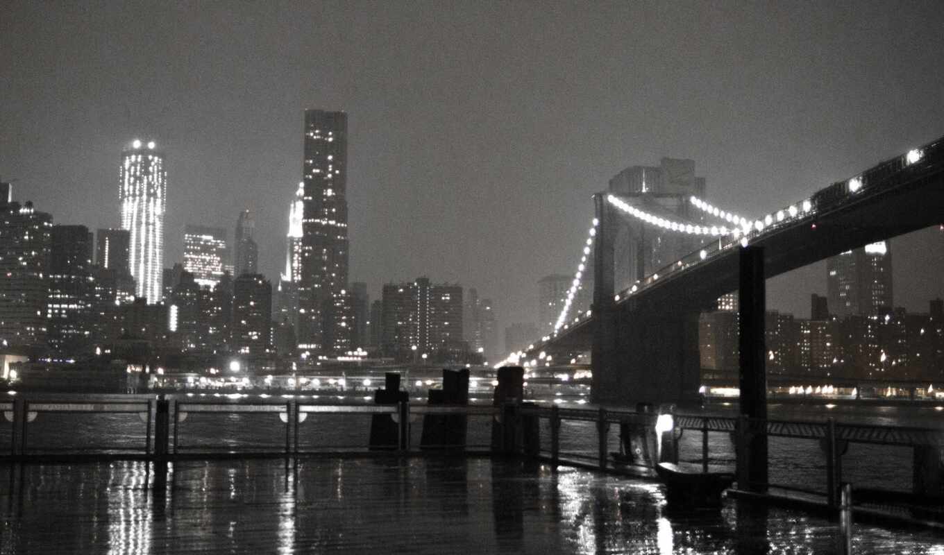 new, город, ночь, мост, cityscape, architecture, огни, urban, build, york, monochrome