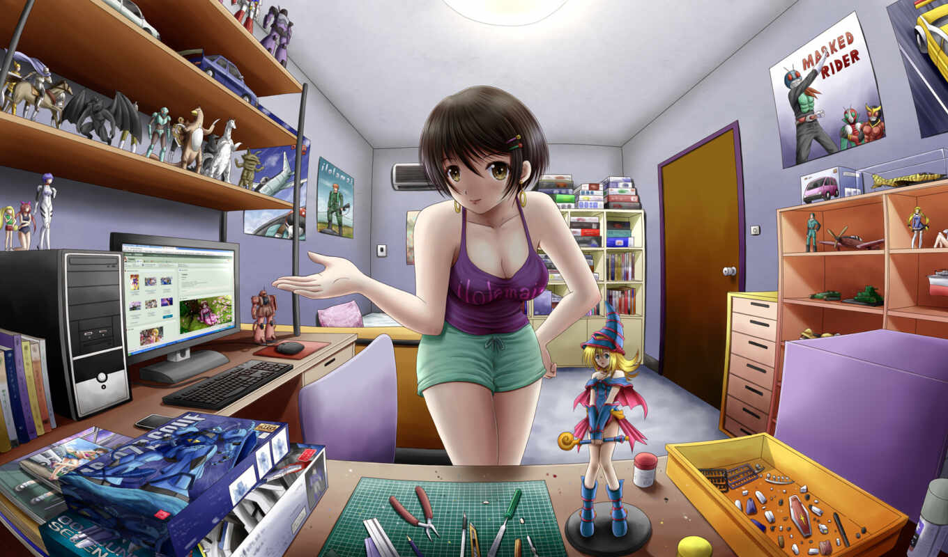 girl, room, anime, statues, figures, manga