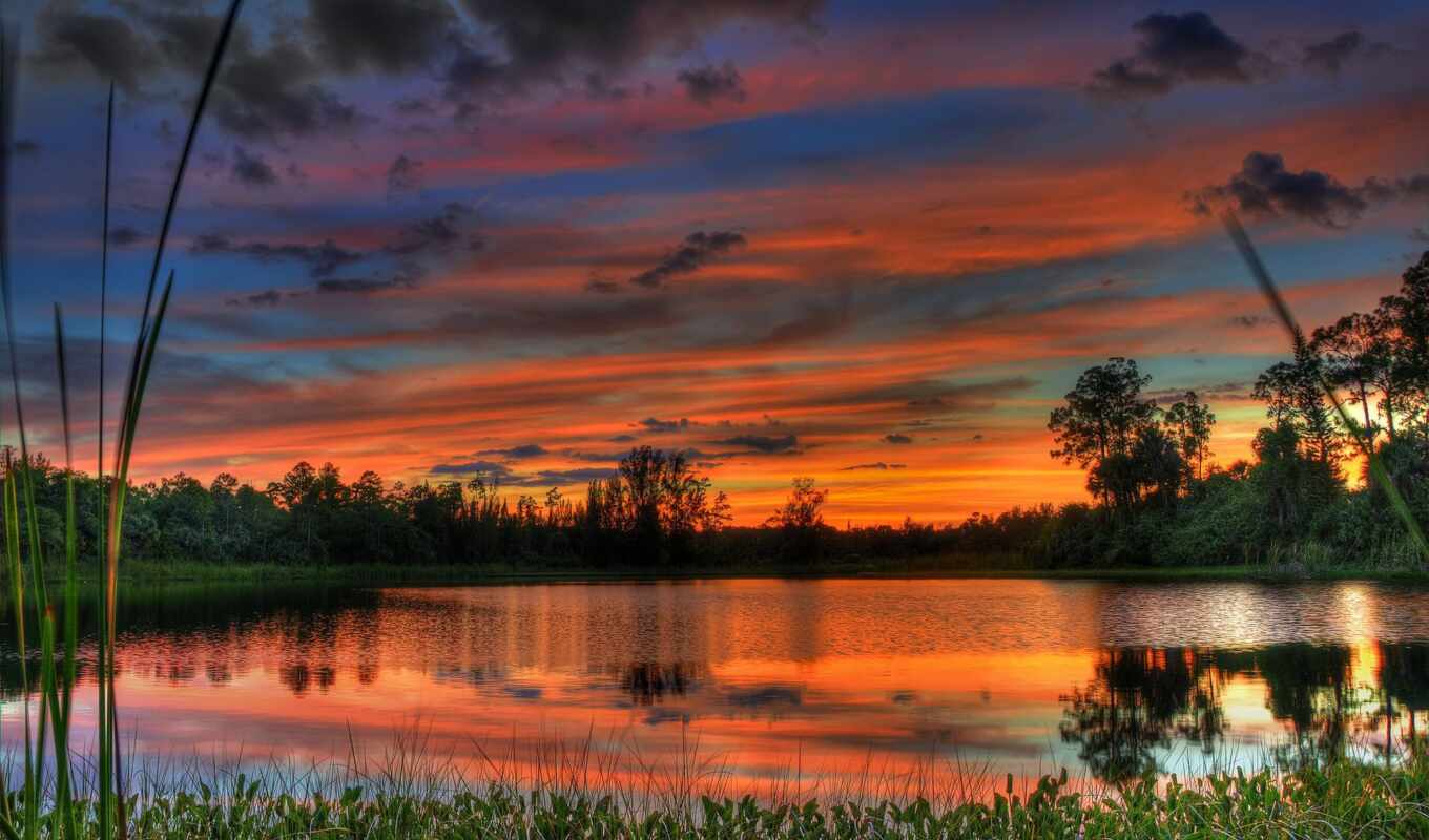 lake, nature, sky, sunset, water, landscape, trees, cloud