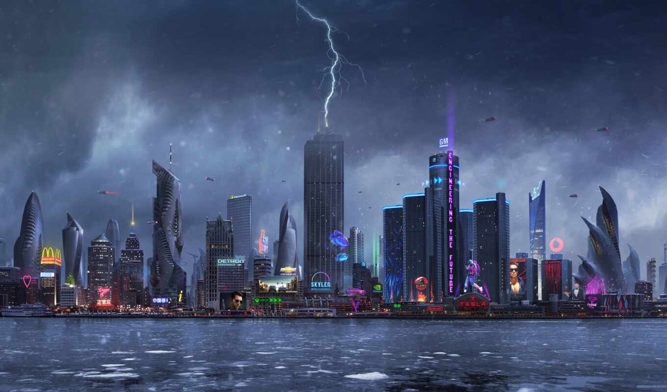 фото, фон, город, cityscape, lightning, build, cyberpunk, futuristic, strike