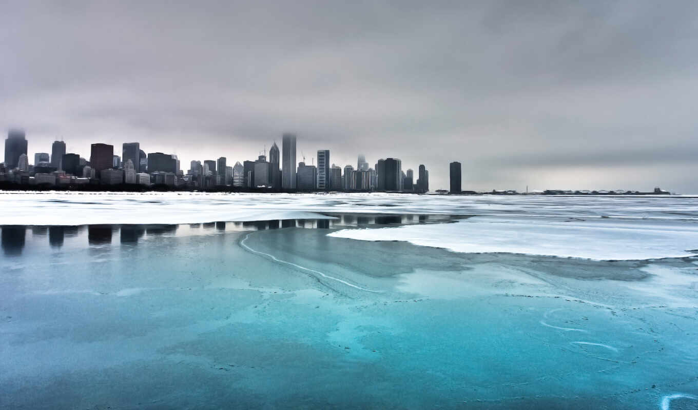 лед, город, water, winter, cityscape, море, облако, холод, freeze, chicago