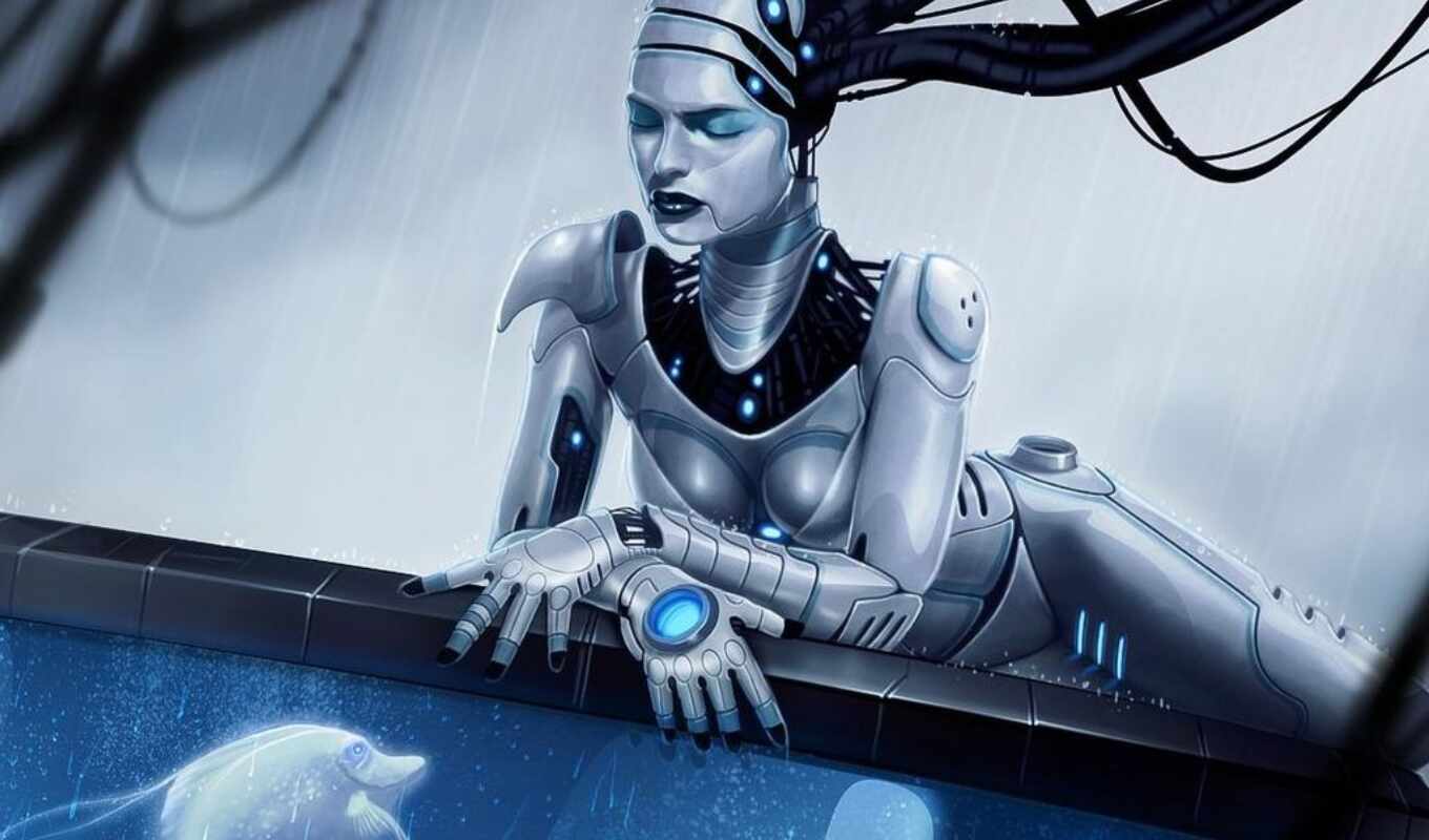 art, robot, android, девушка, fish, preview, аквариум, киборг