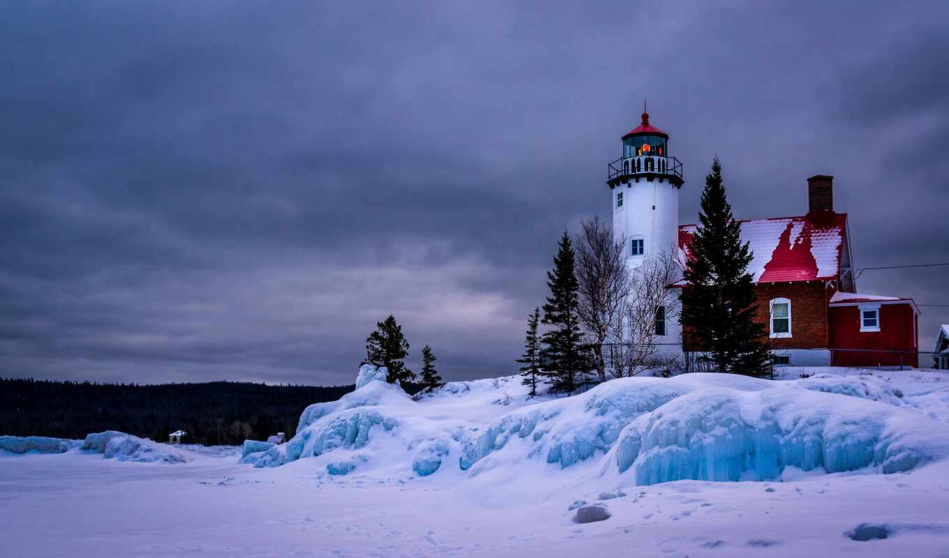 lake, winter, USA, lighthouse