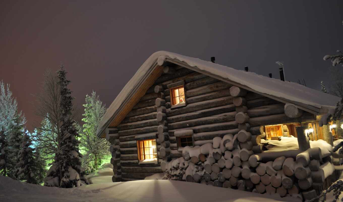 nature, house, light, night, snow, winter, gallery, log, cabin, wood, rare