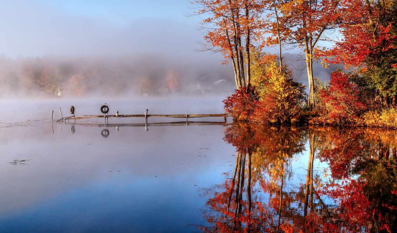 озеро, мост, осень, утро, туман, mist