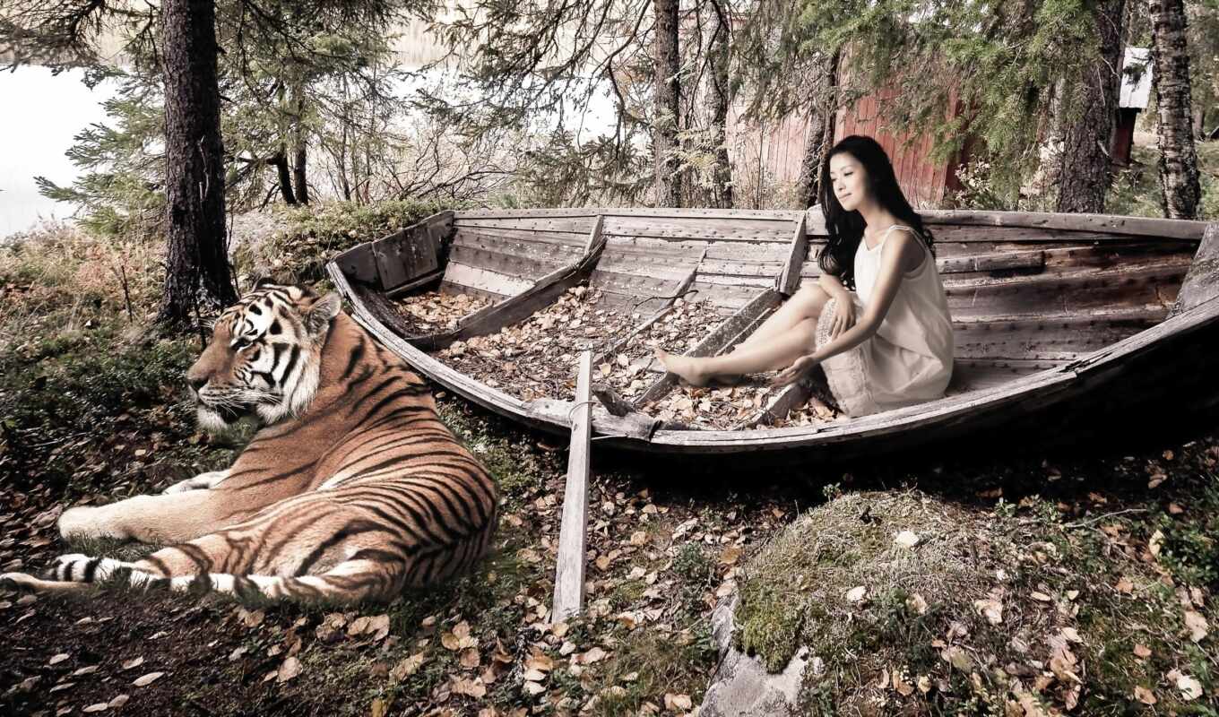 девушка, дерево, корабль, тигр, лодка