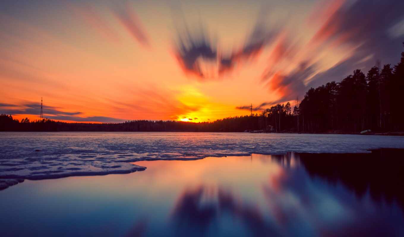 lake, sky, tree, ice, sunset