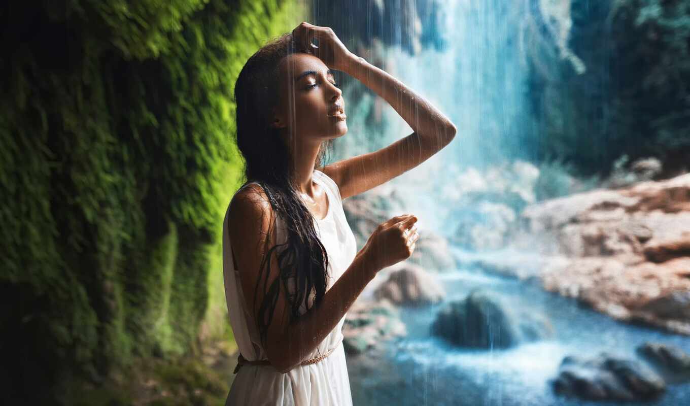 girl, waterfall