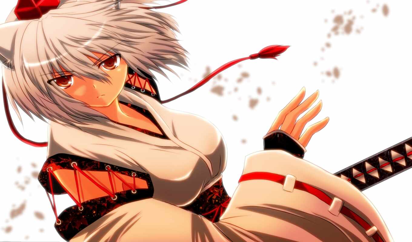 white, red, аниме, touhou, japanese, hair, eyes, оружие, меч, одежда, inubashiri, momiji, nekominase