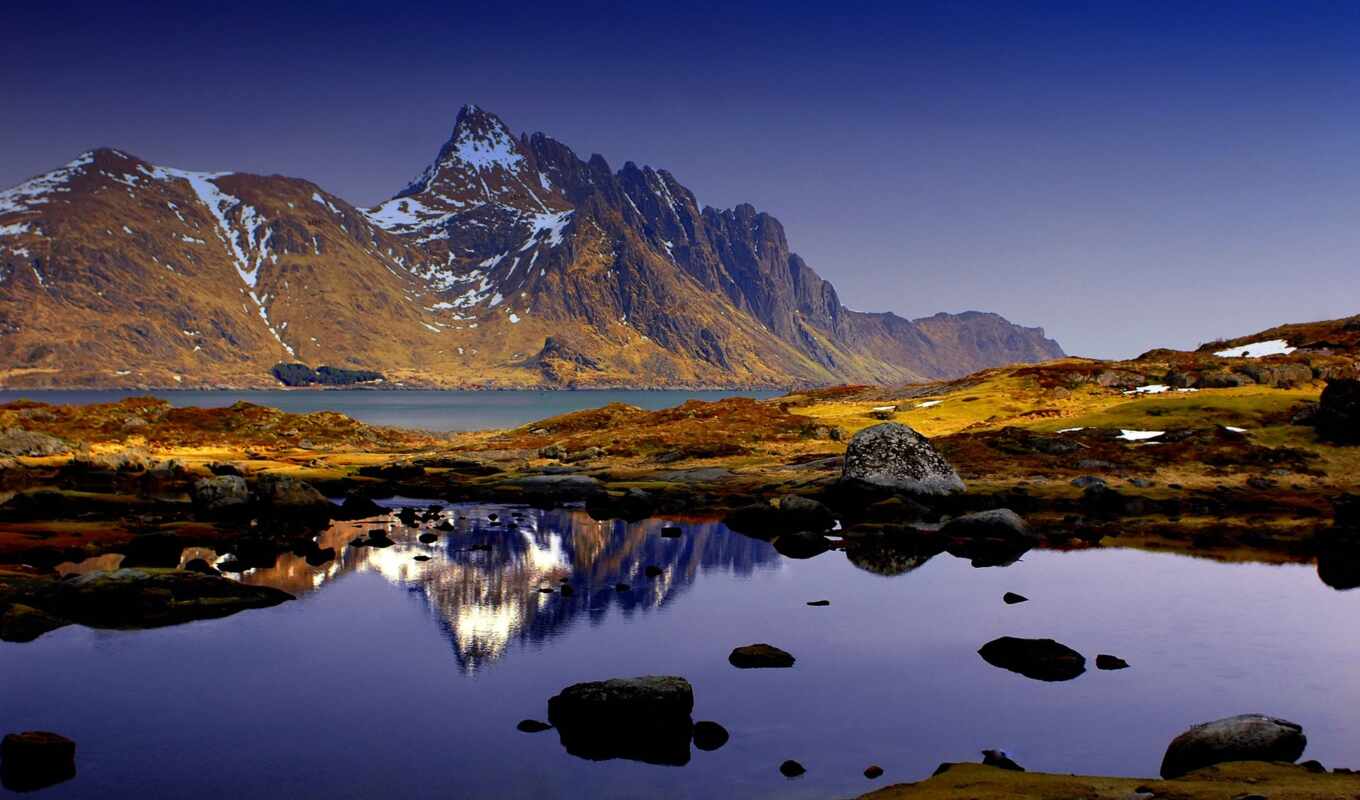 nature, sky, water, blue, reflection, stones, mountains