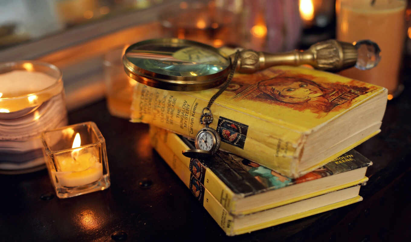 glass, candle, books